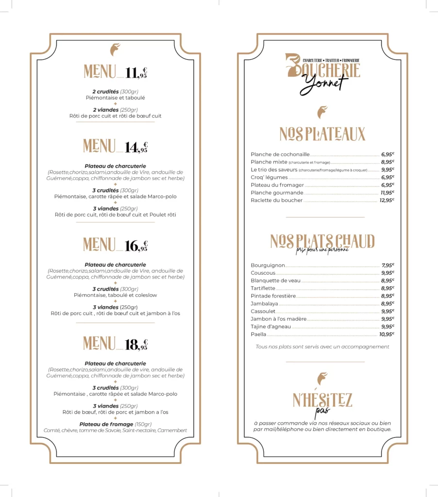 Boucherie Yonnet carte menu